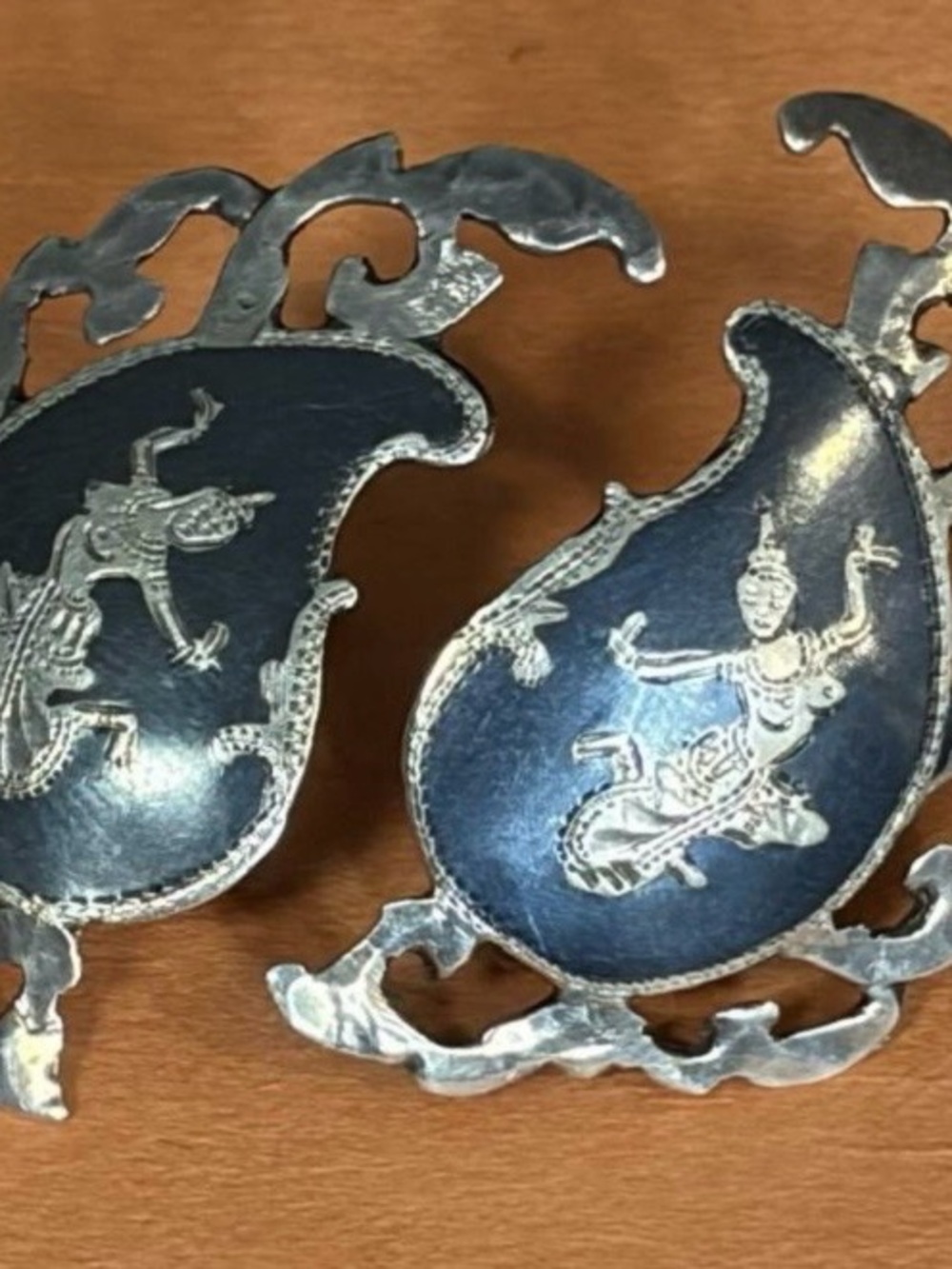 Vintage Siam Sterling Silver Niello Earrings Thai Dancer Rare Screw Back